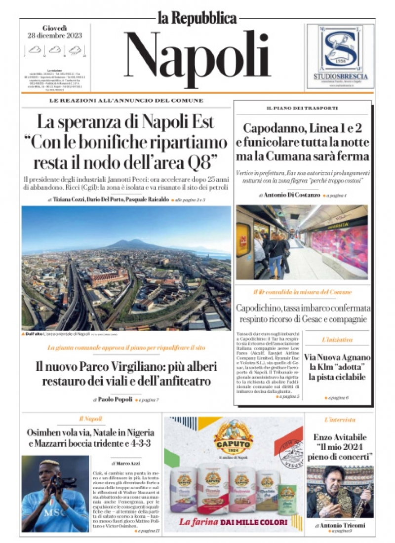 Repubblica Napoli prima pagina di oggi Giovedì 28 Dicembre 2023