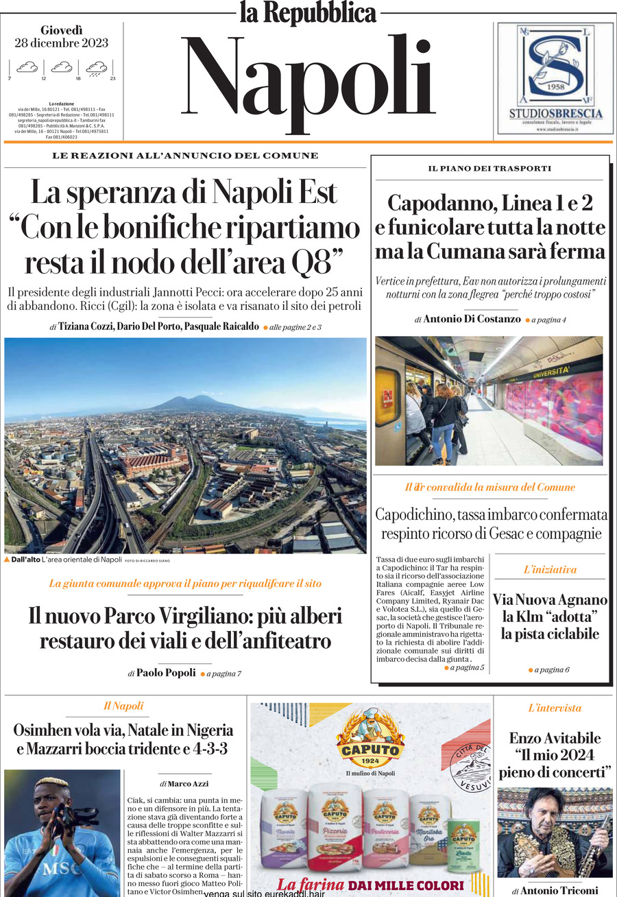 Repubblica Napoli prima pagina di oggi Giovedì 28 Dicembre 2023