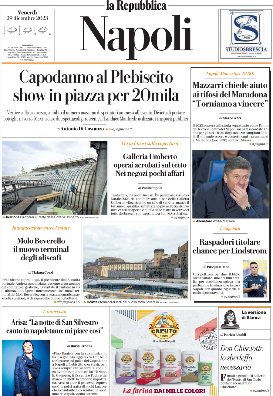 Repubblica Napoli prima pagina di oggi Venerdì 29 Dicembre 2023