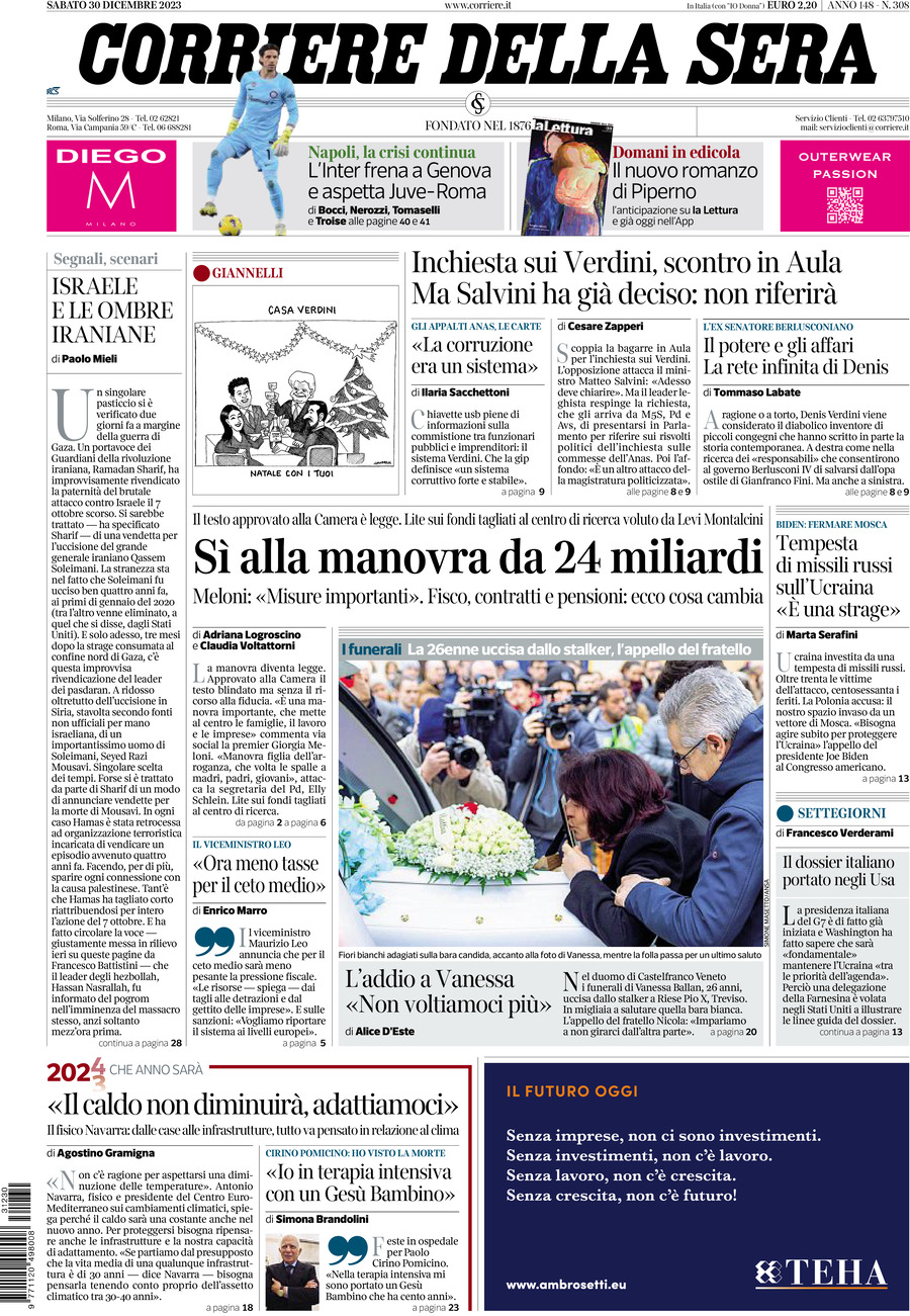 Prima Pagina Corriere della Sera 30/12/2023