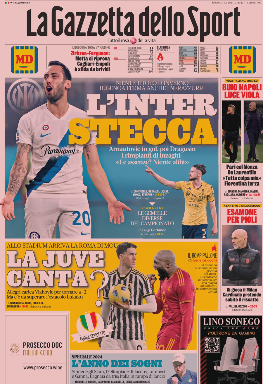 Prima Pagina La Gazzetta dello Sport 30/12/2023