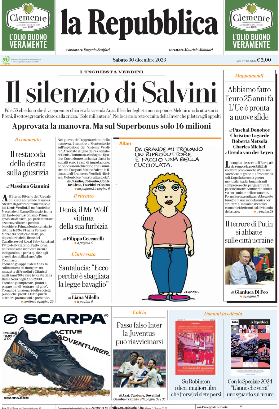 Prima Pagina La Repubblica 30/12/2023