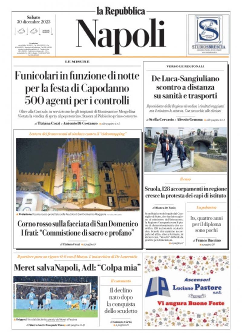 Repubblica Napoli prima pagina di oggi Sabato 30 Dicembre 2023