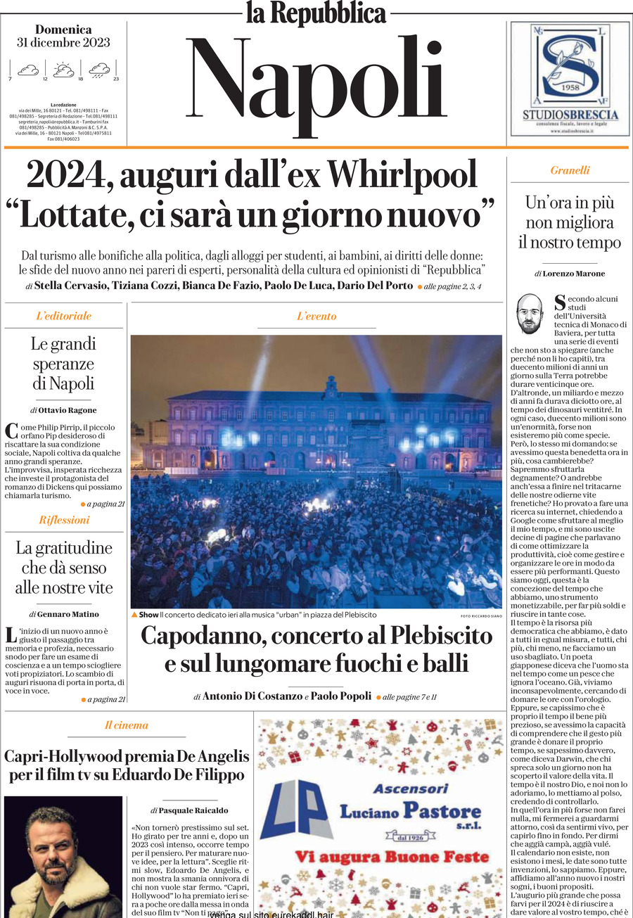 Repubblica Napoli prima pagina di oggi Domenica 31 Dicembre 2023