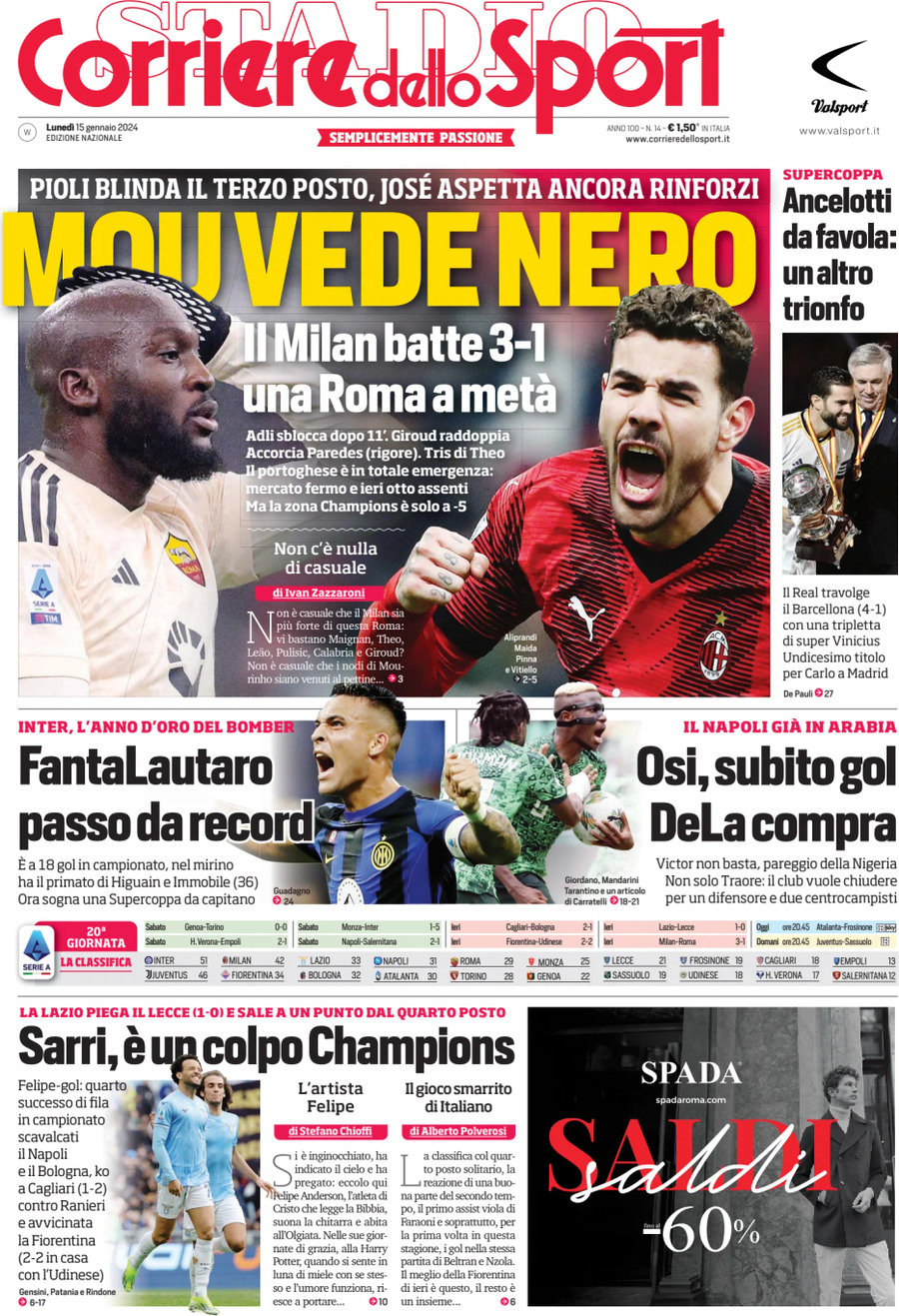 Prima Pagina Corriere dello Sport 15/01/2024