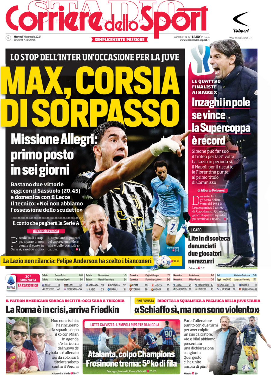 Prima Pagina Corriere dello Sport 16/01/2024