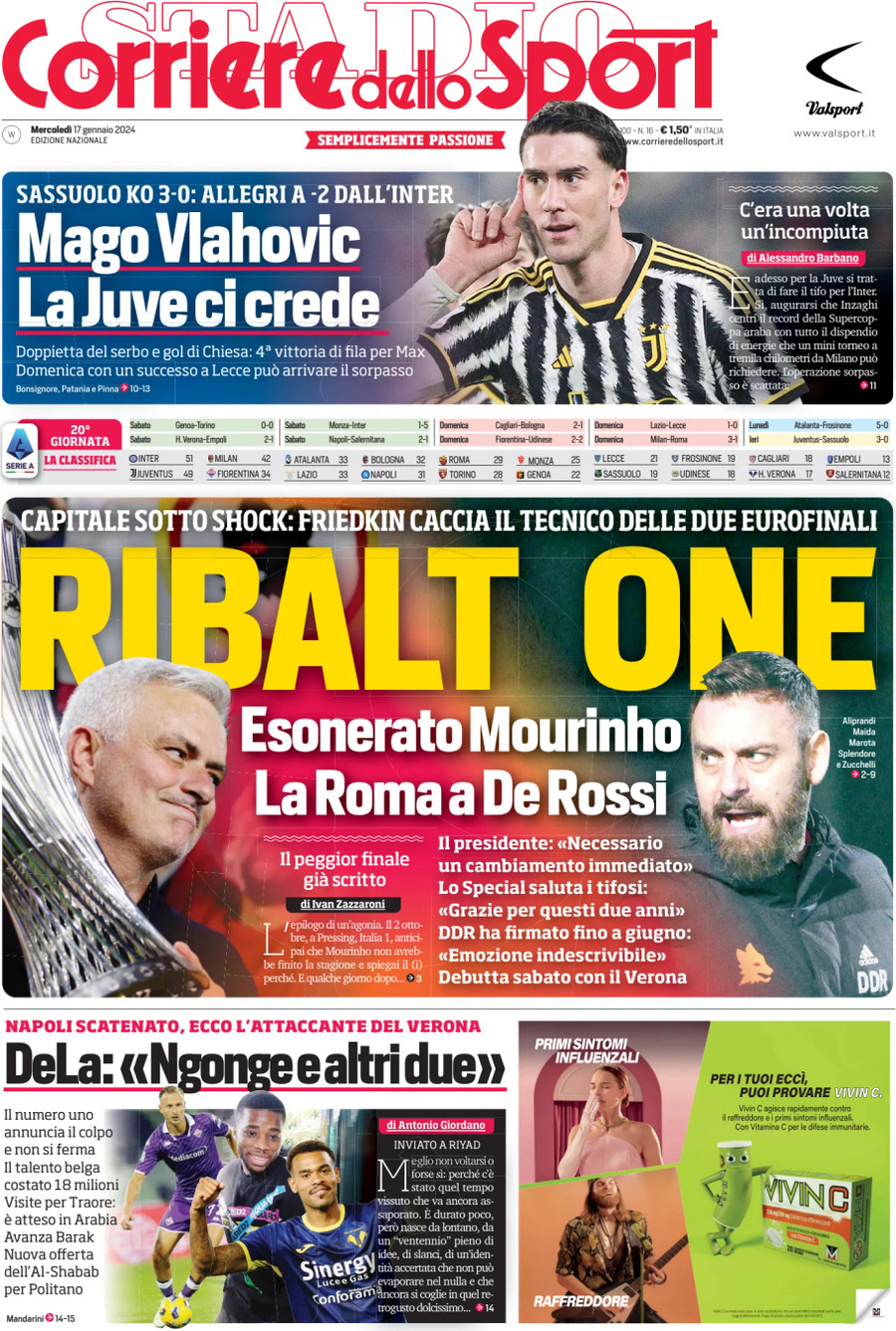 Prima Pagina Corriere dello Sport 17/01/2024