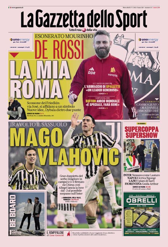 Prima Pagina La Gazzetta dello Sport 17/01/2024