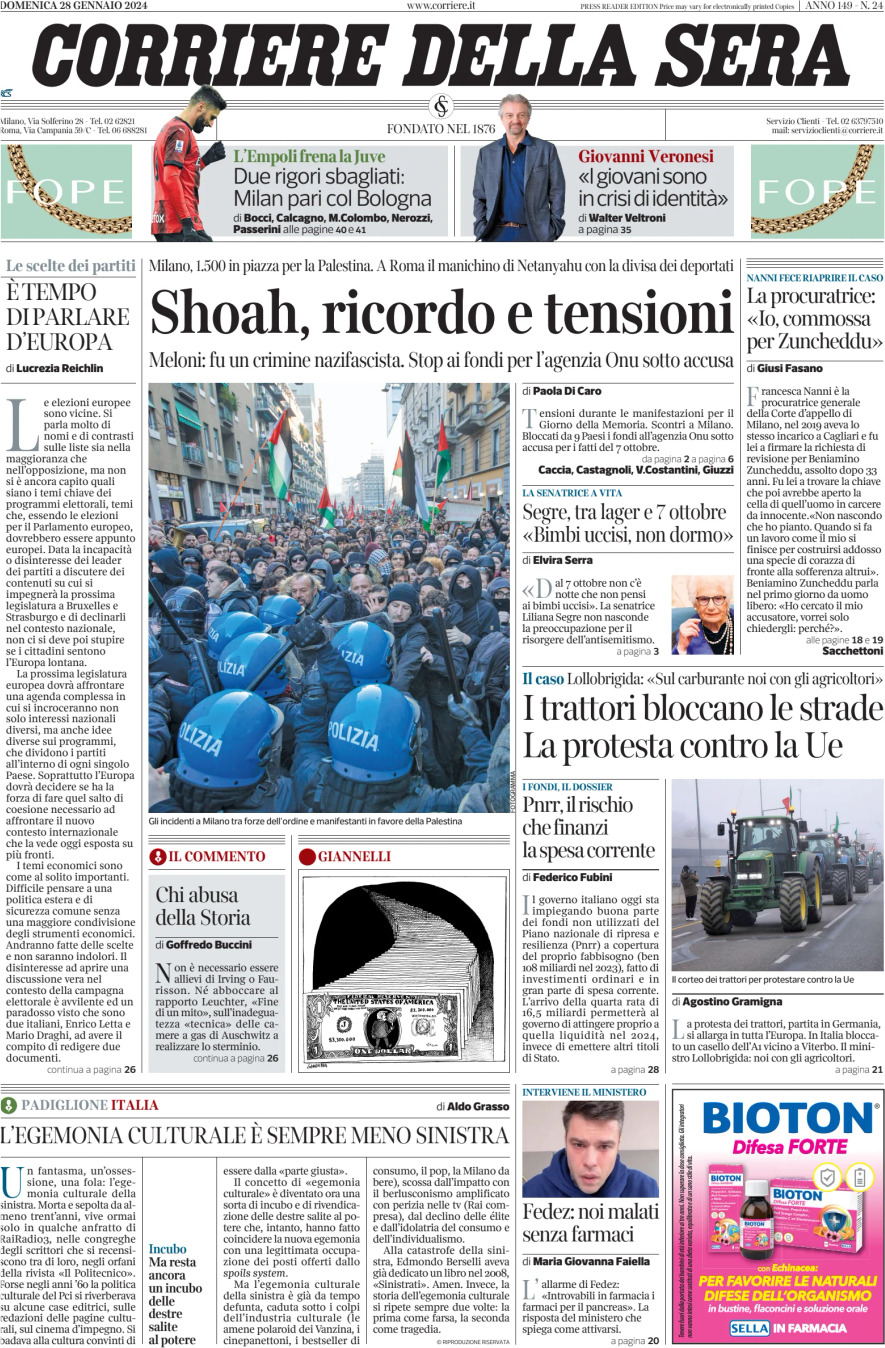 Prima Pagina Corriere della Sera 28/01/2024