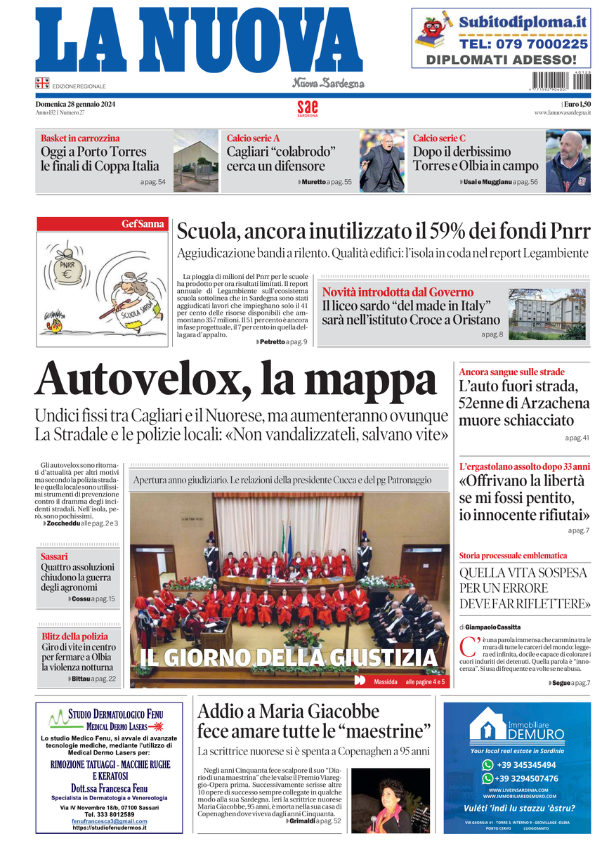 Prima Pagina La Nuova Sardegna 28/01/2024