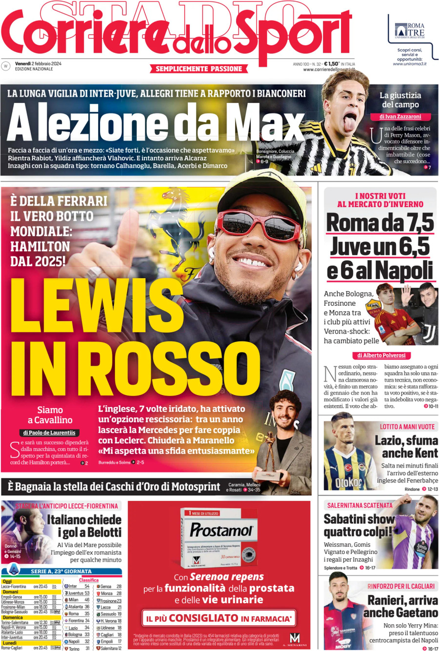 Prima Pagina Corriere dello Sport 02/02/2024