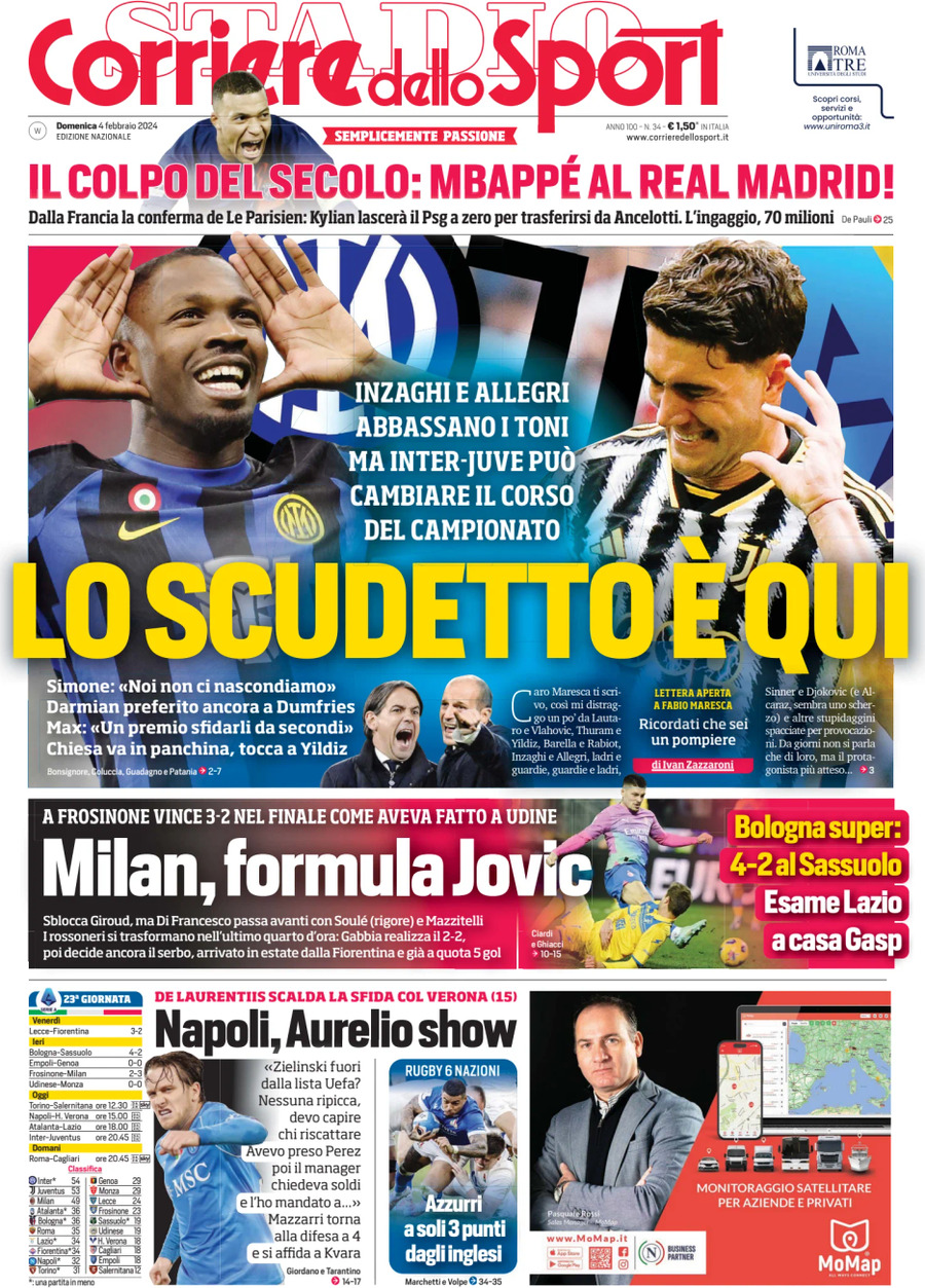Prima Pagina Corriere dello Sport 04/02/2024