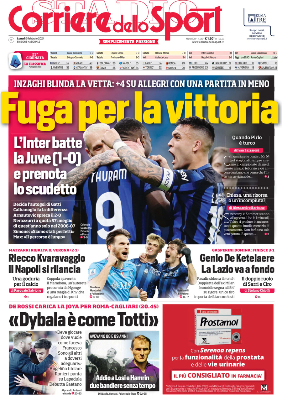 Prima Pagina Corriere dello Sport 05/02/2024
