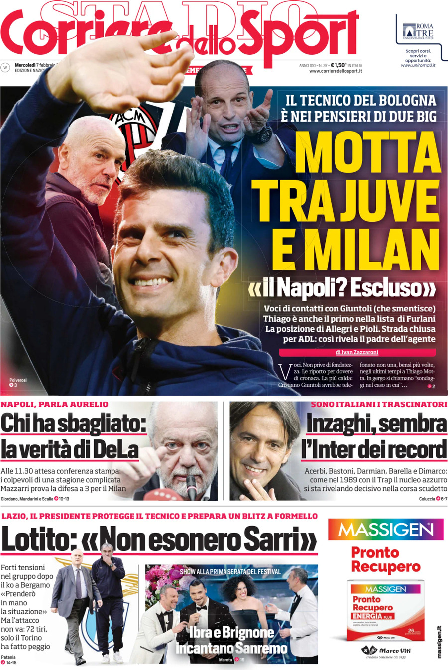 Prima Pagina Corriere dello Sport 07/02/2024