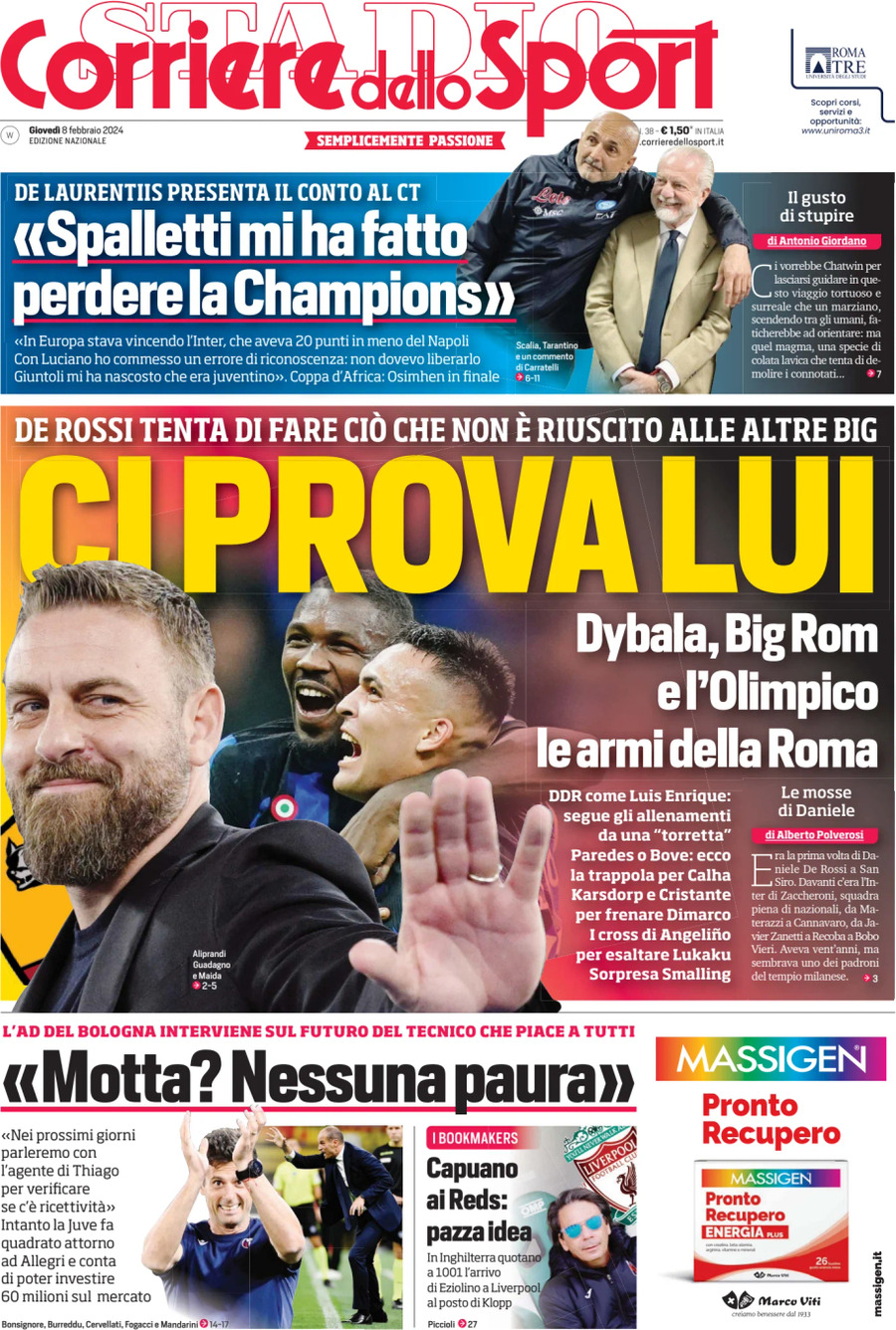 Prima Pagina Corriere dello Sport 08/02/2024