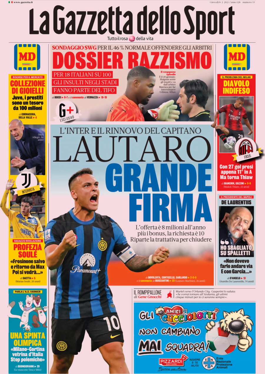Prima Pagina La Gazzetta dello Sport 08/02/2024
