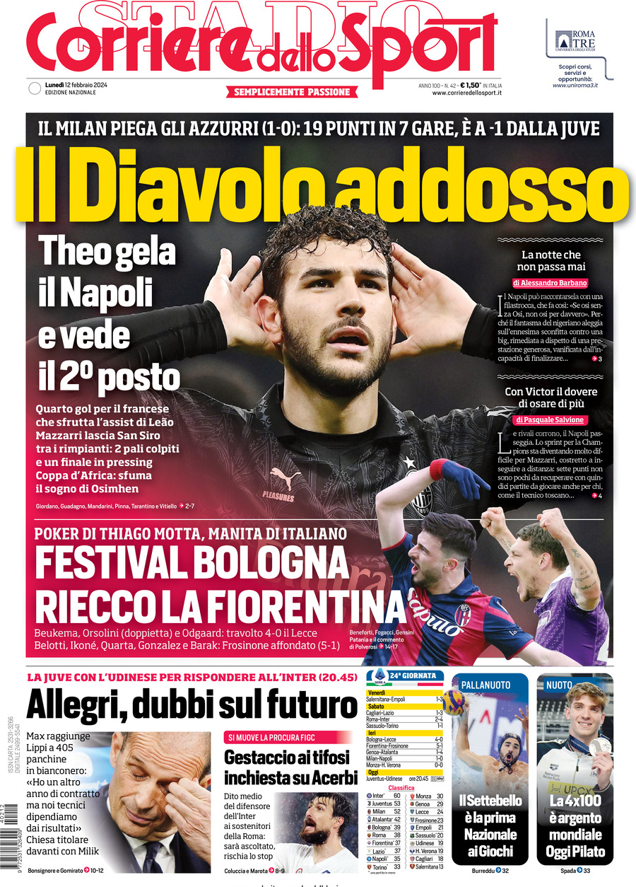 Prima Pagina Corriere dello Sport 12/02/2024