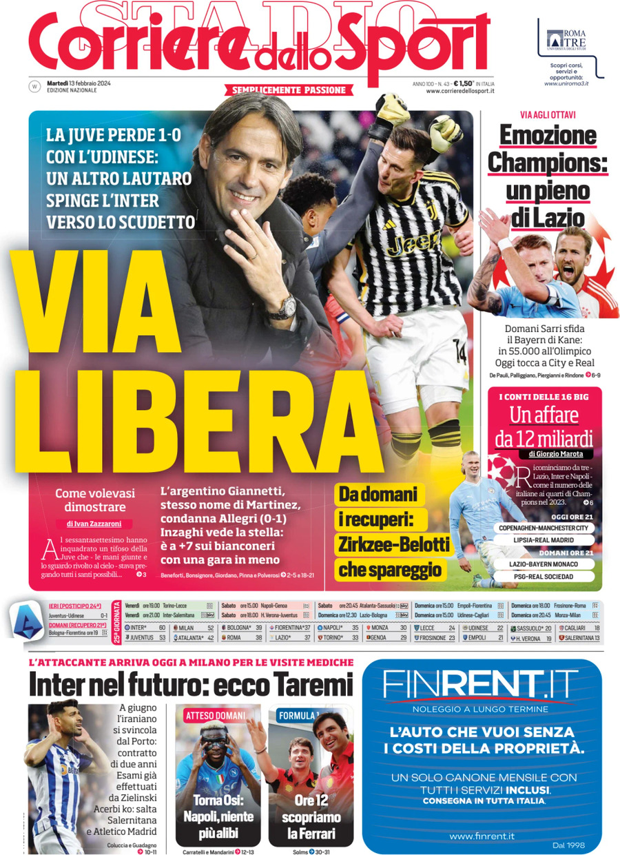 Prima Pagina Corriere dello Sport 13/02/2024