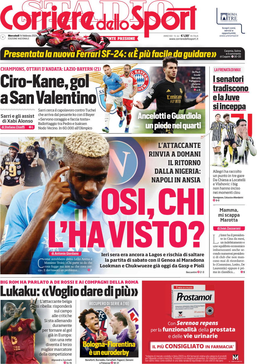Prima Pagina Corriere dello Sport 14/02/2024