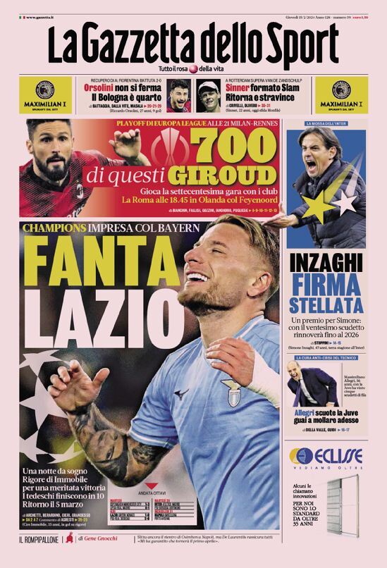 Prima Pagina La Gazzetta dello Sport 15/02/2024