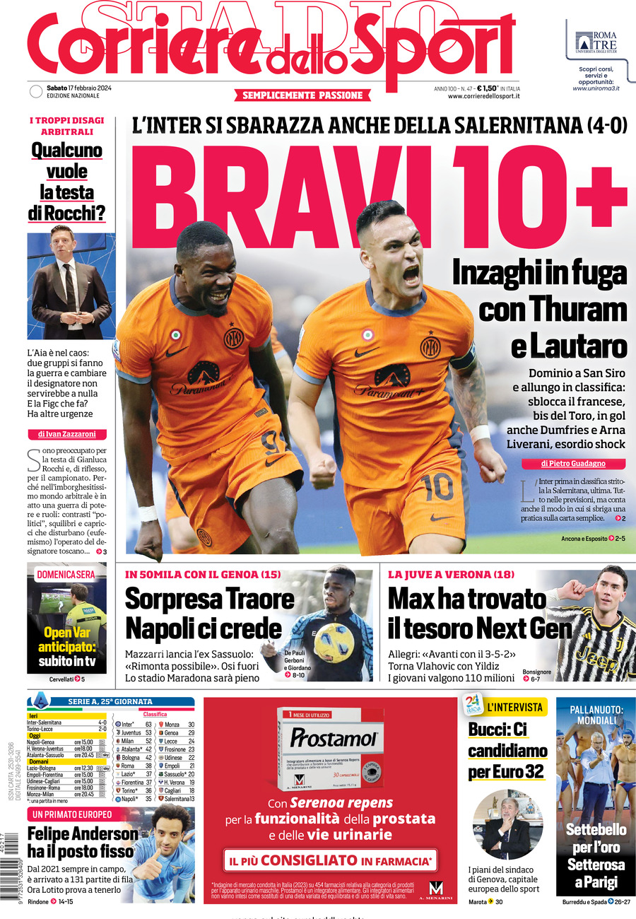 Prima Pagina Corriere dello Sport 17/02/2024