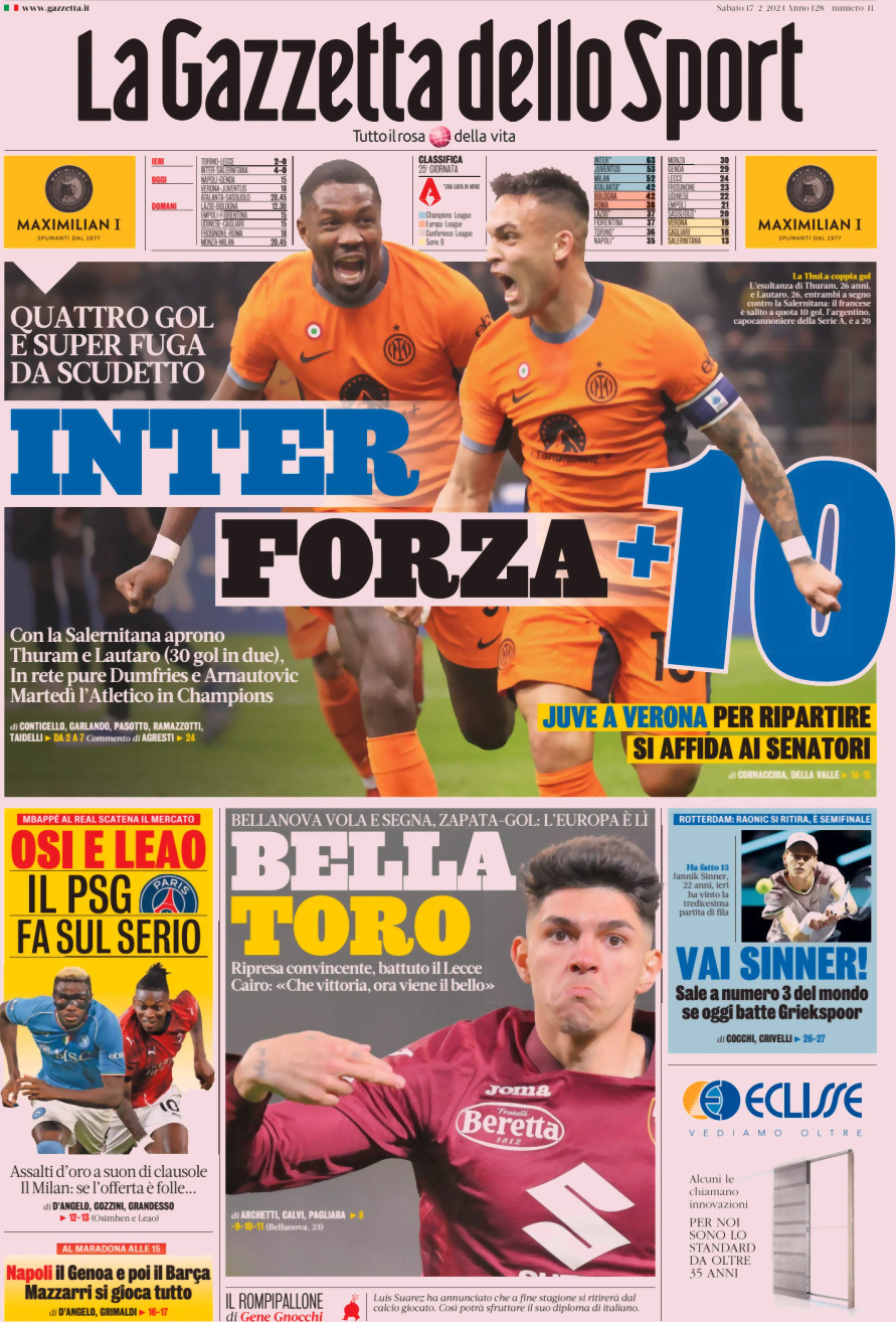 Prima Pagina La Gazzetta dello Sport 17/02/2024
