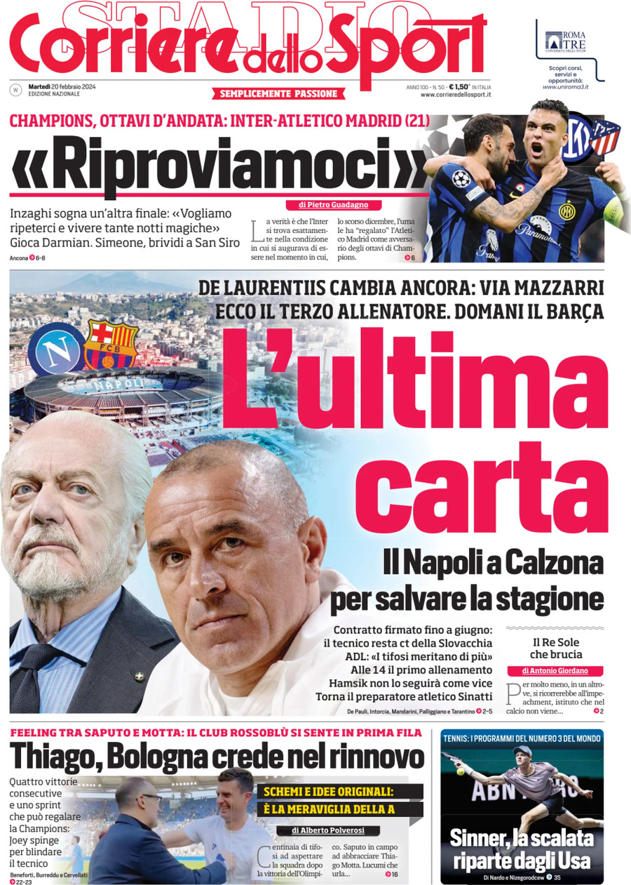 Prima Pagina Corriere dello Sport 20/02/2024