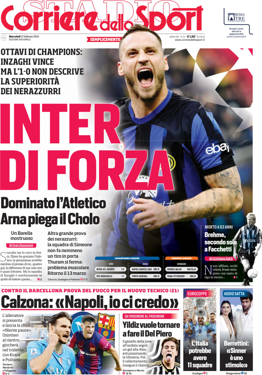 Prima Pagina Corriere dello Sport 21/02/2024