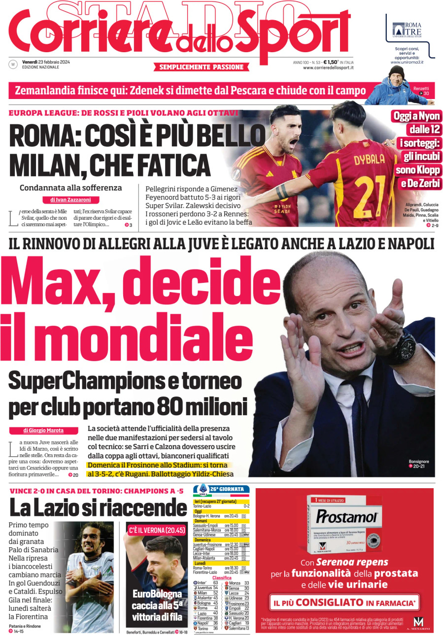 Prima Pagina Corriere dello Sport 23/02/2024