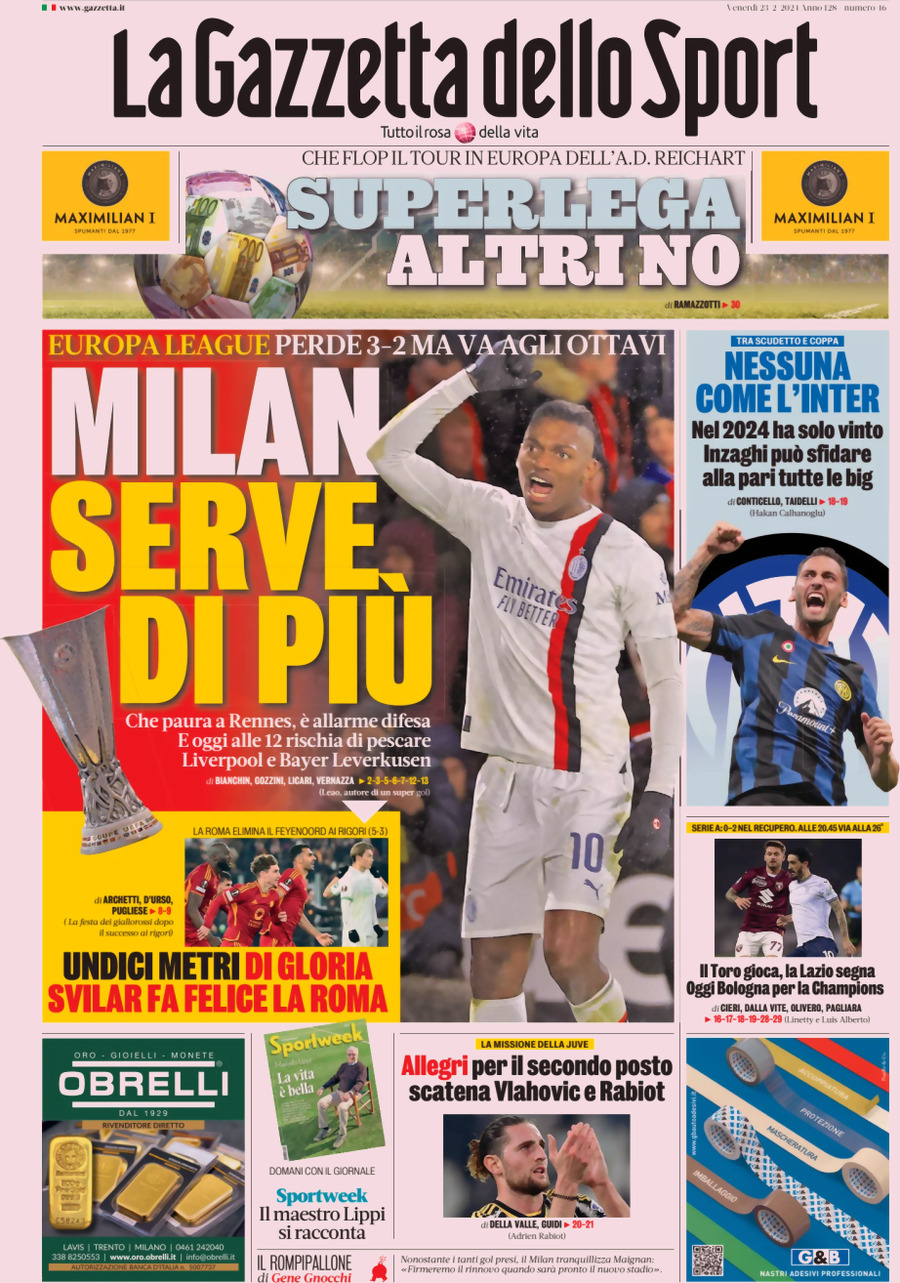 Prima Pagina La Gazzetta dello Sport 23/02/2024