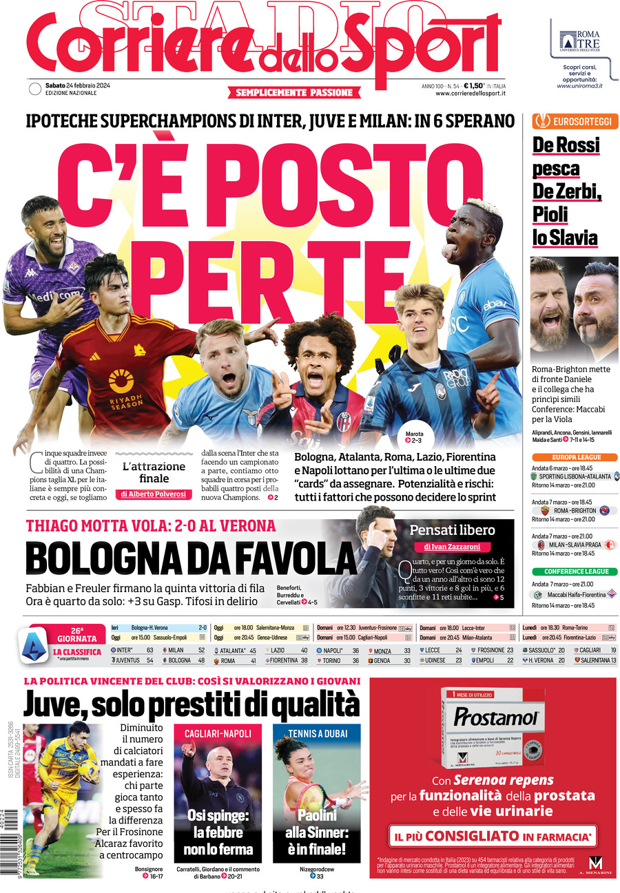 Prima Pagina Corriere dello Sport 24/02/2024