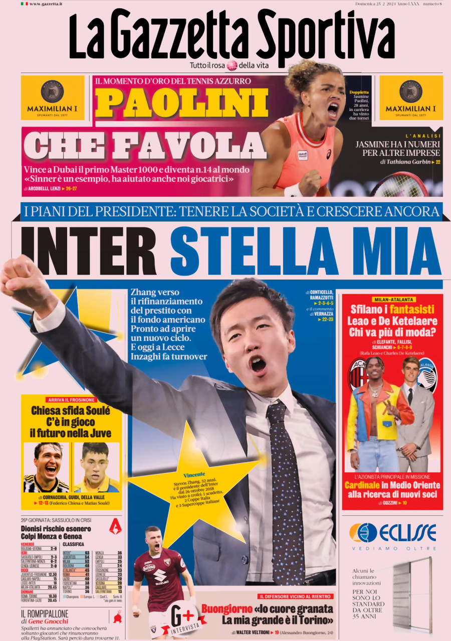 Prima Pagina La Gazzetta dello Sport 25/02/2024