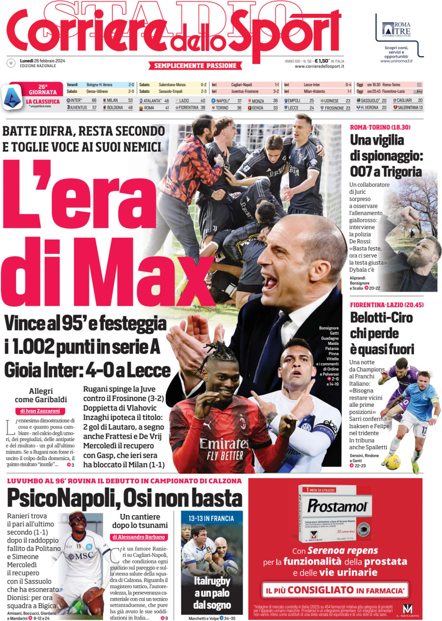 Prima Pagina Corriere dello Sport 26/02/2024