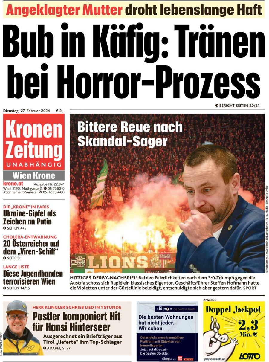 Prima Pagina Kronen Zeitung 27/02/2024