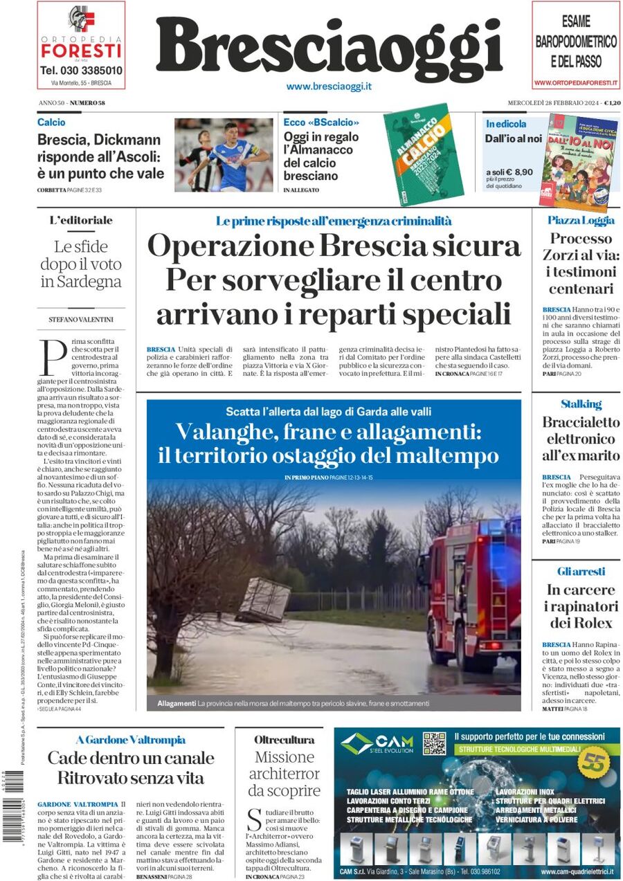 Prima Pagina Brescia Oggi 28/02/2024