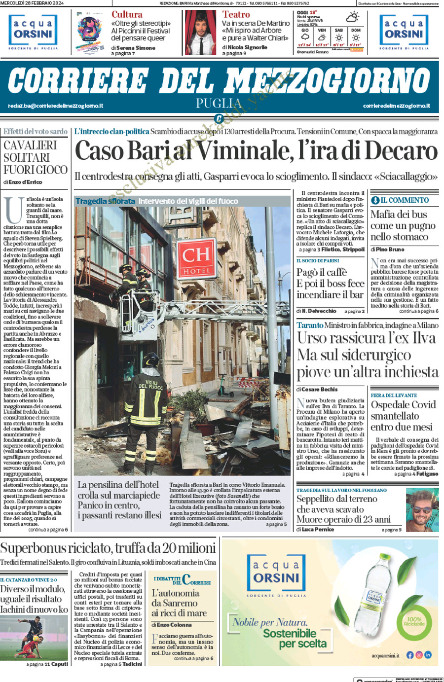 Prima Pagina Corriere del Mezzogiorno (Puglia) 28/02/2024