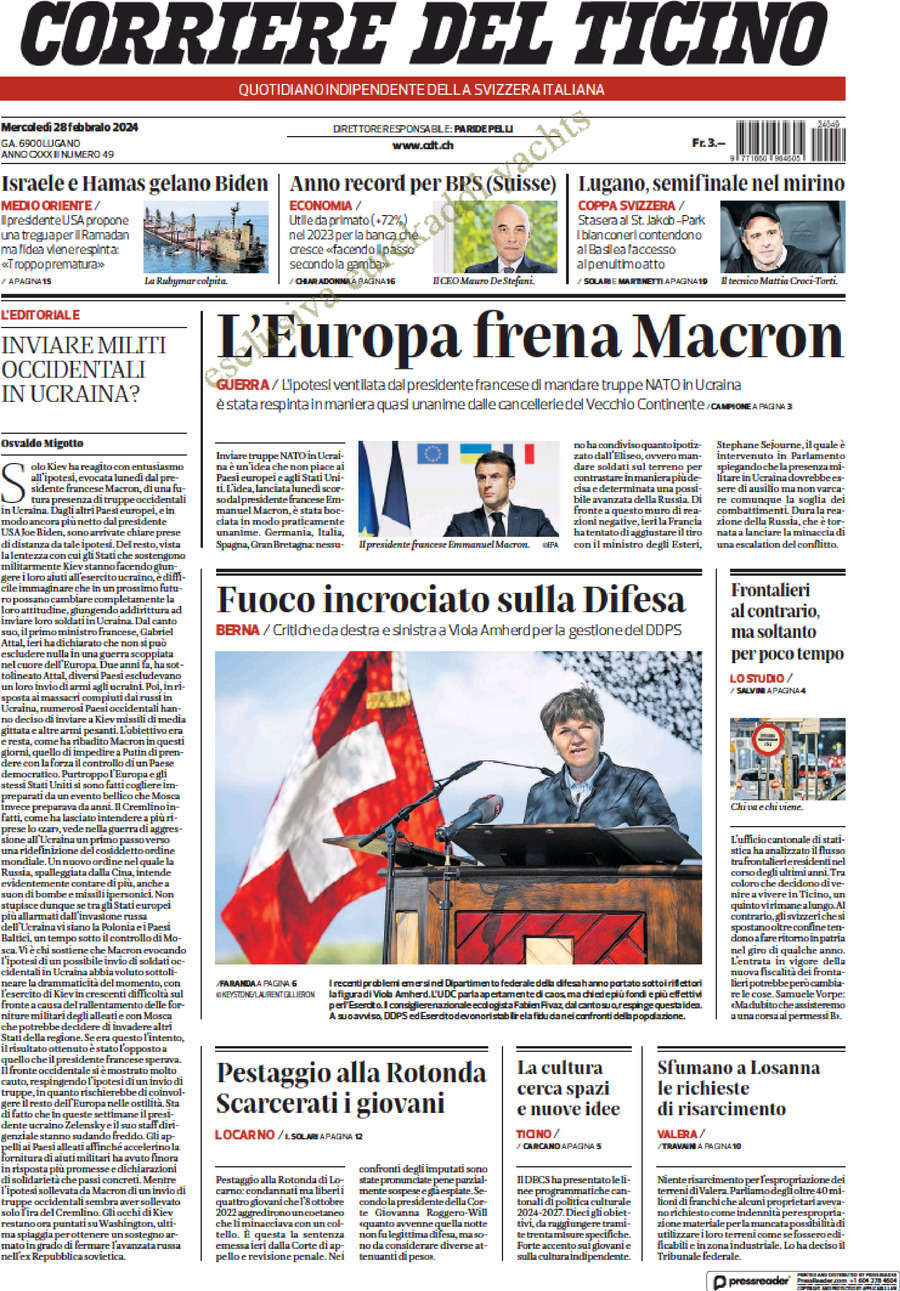 Prima Pagina Corriere del Ticino 28/02/2024