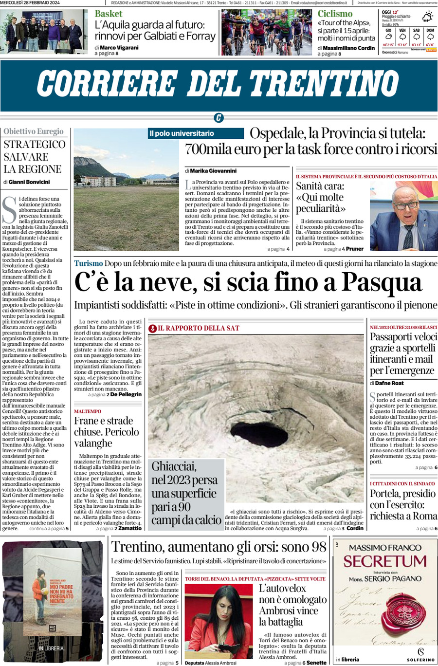 Prima Pagina Corriere del Trentino 28/02/2024