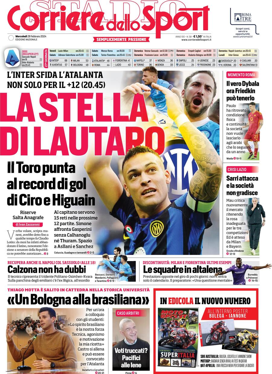 Prima Pagina Corriere dello Sport 28/02/2024