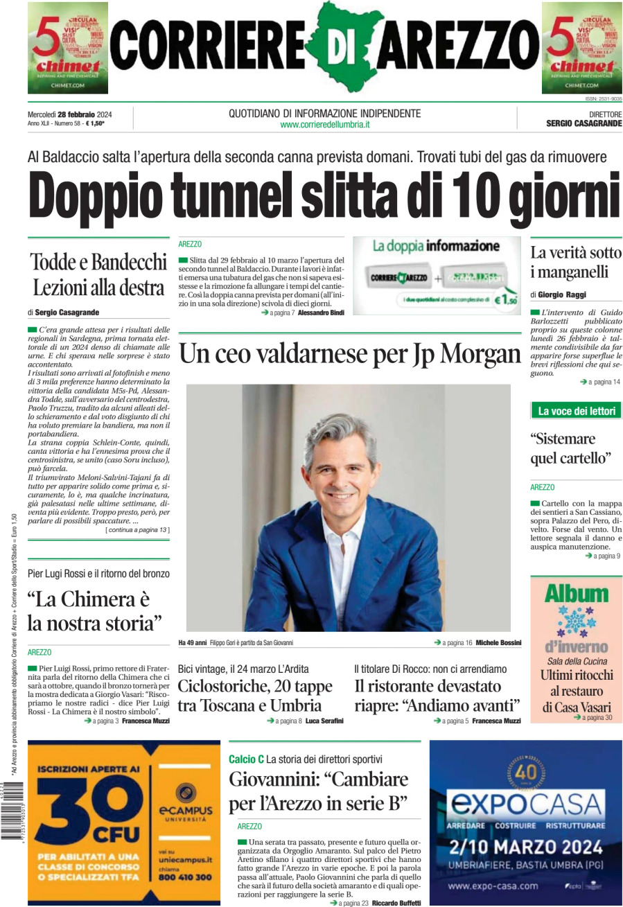 Prima Pagina Corriere di Arezzo 28/02/2024