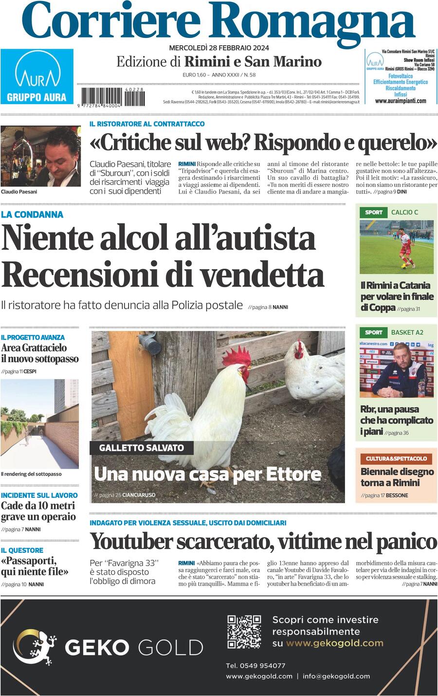 Prima Pagina Corriere Romagna (Rimini e San Marino) 28/02/2024