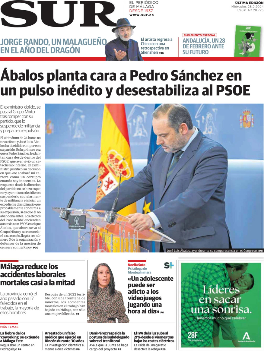 Prima Pagina Diario SUR 28/02/2024