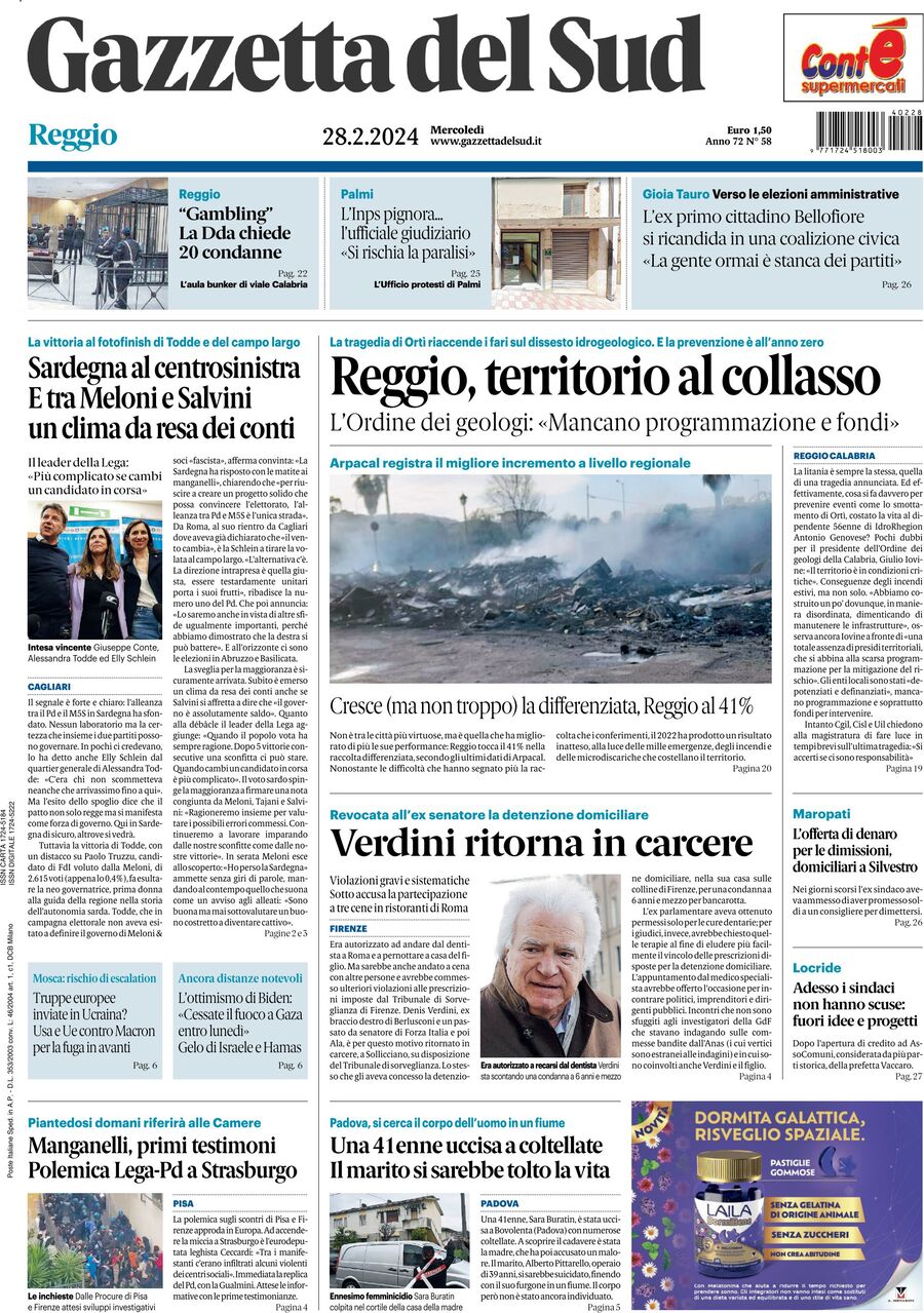 Prima Pagina Gazzetta del Sud (Reggio Calabria) 28/02/2024