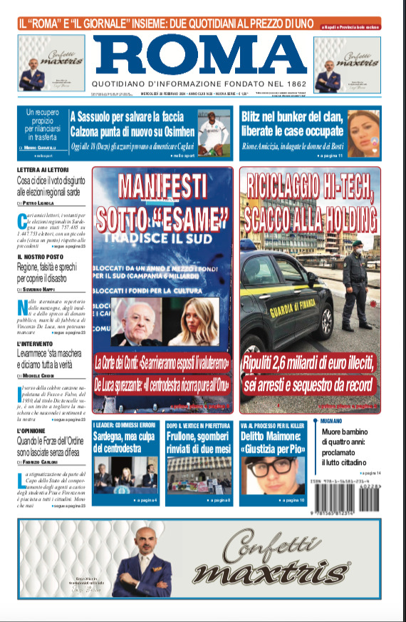Prima Pagina Il Roma (Quotidiano di Napoli) 28/02/2024