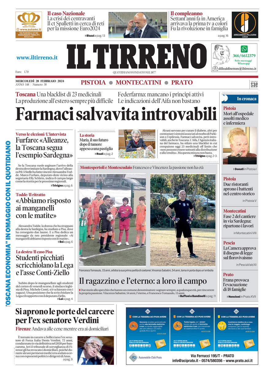 Prima Pagina Il Tirreno (Pistoia, Montecatini, Prato) 28/02/2024