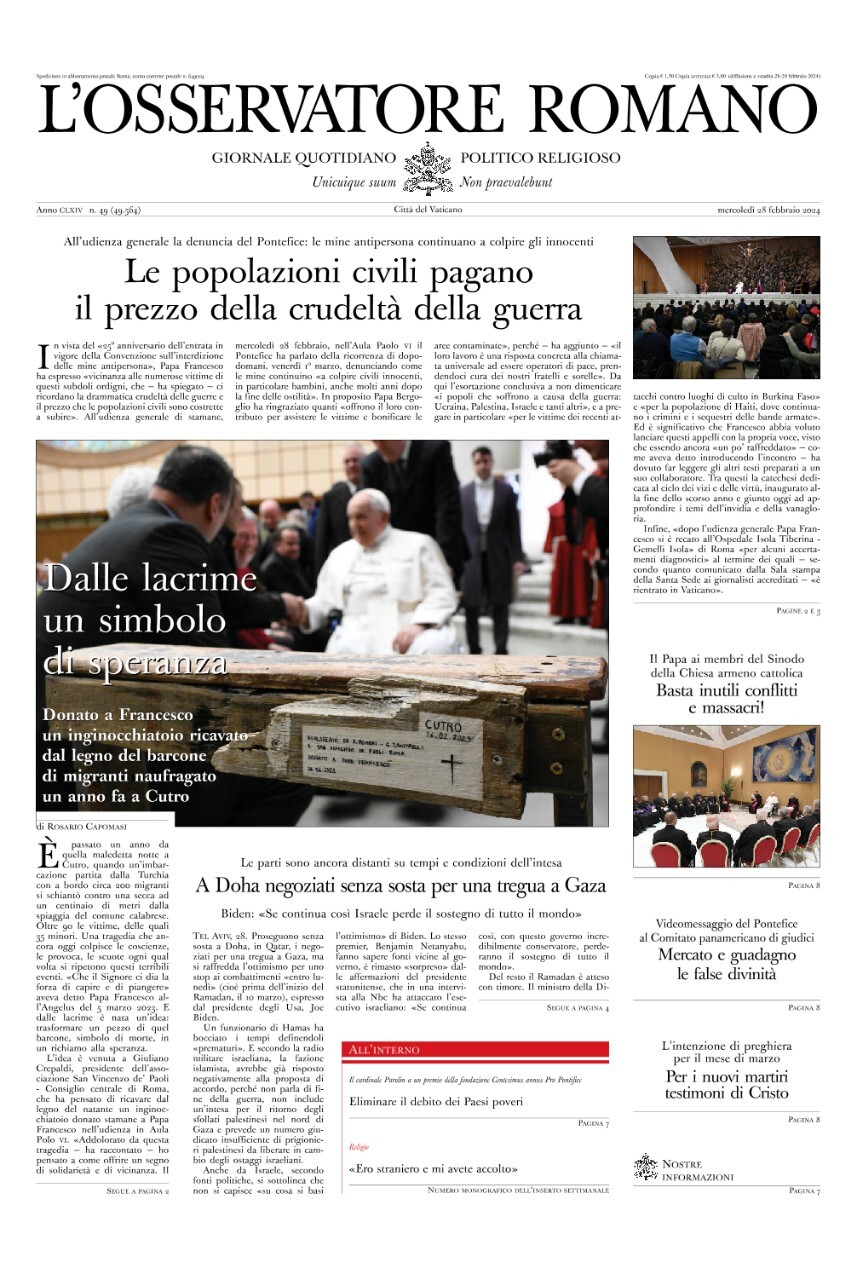 Prima Pagina L'Osservatore Romano 28/02/2024
