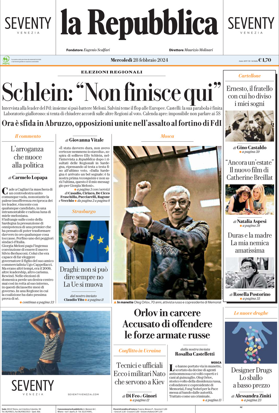 Prima Pagina La Repubblica 28/02/2024