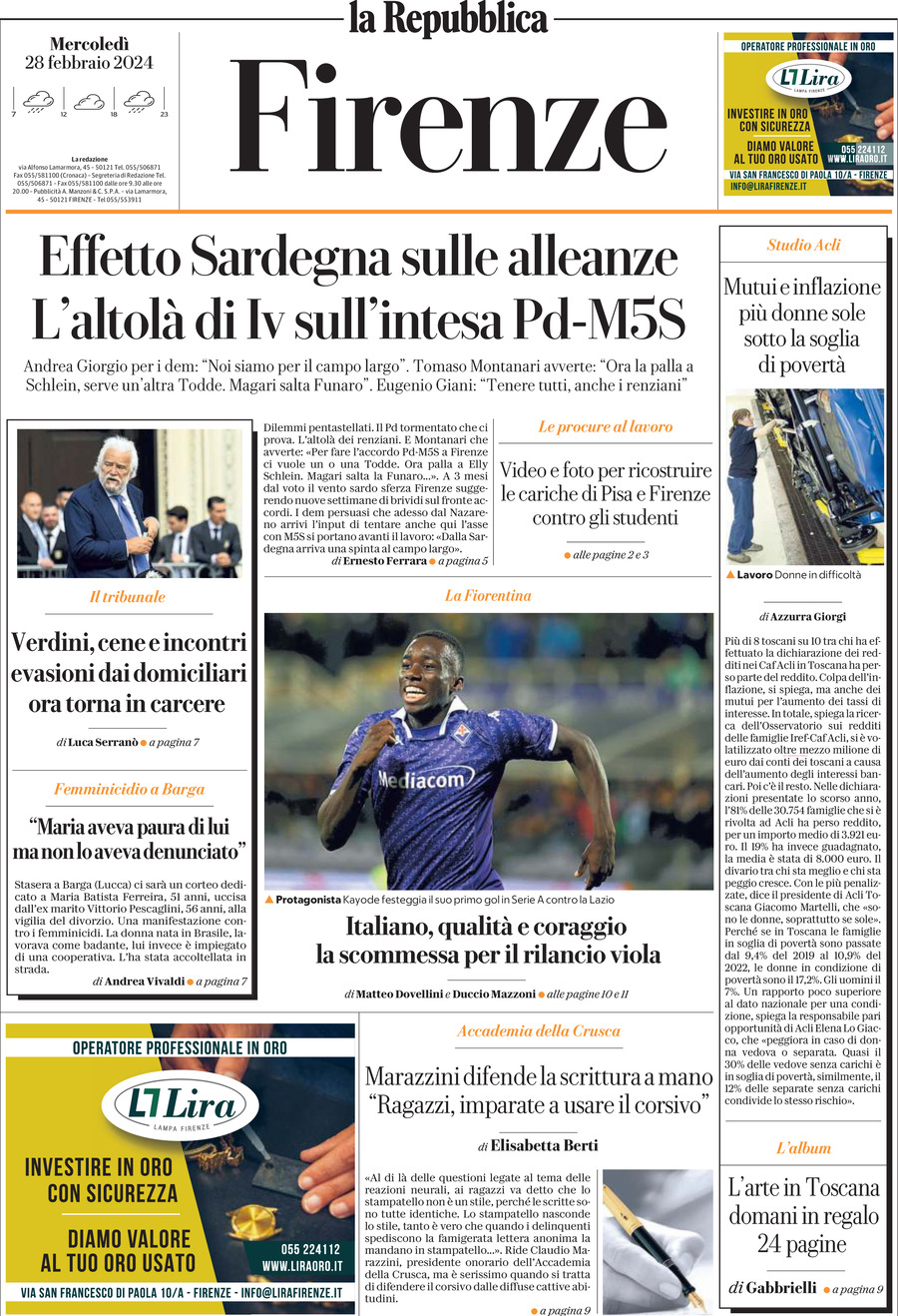 Prima Pagina La Repubblica (Firenze) 28/02/2024