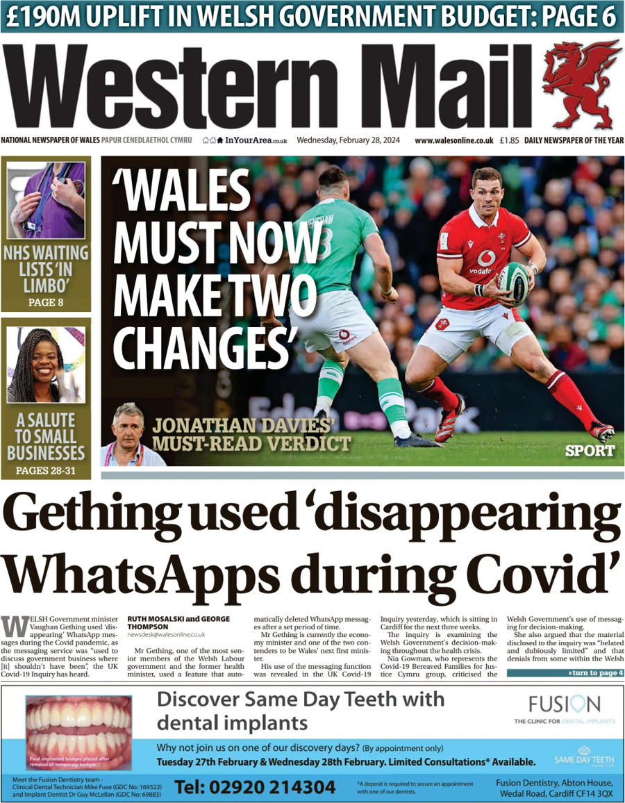 Prima Pagina Western Mail (Wales) 28/02/2024