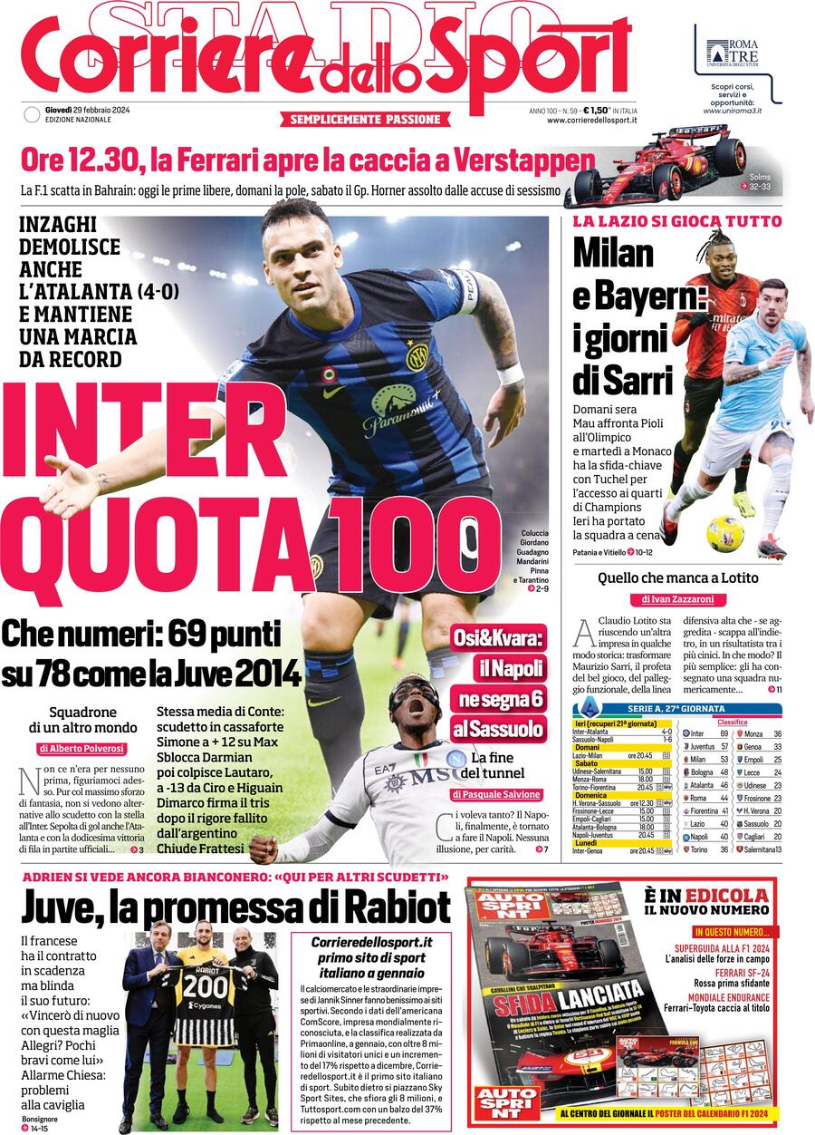 Prima Pagina Corriere dello Sport 29/02/2024